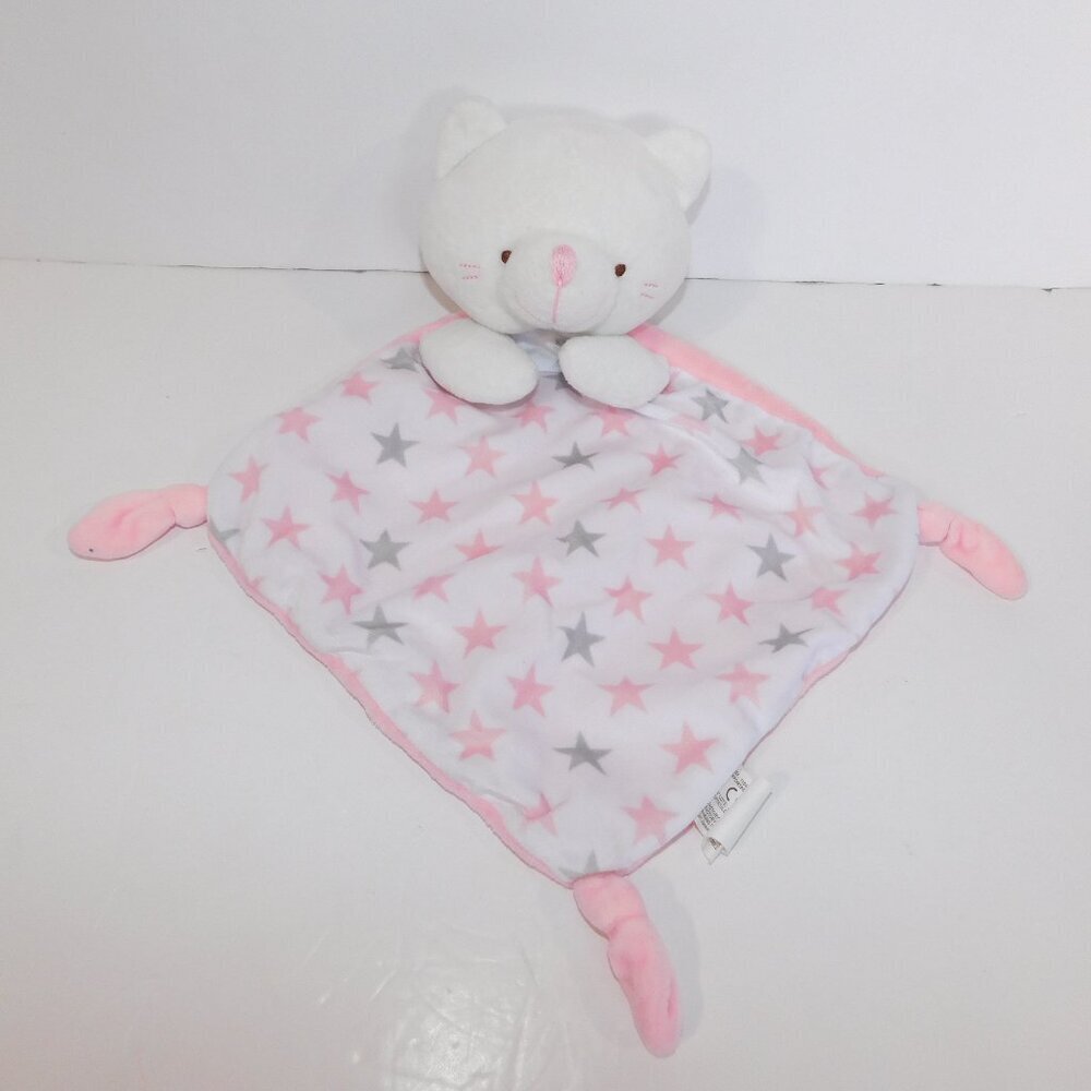 White Cat Pink Gray Stars Security Blanket Plush Knotted Corners Baby Lovey nunu
